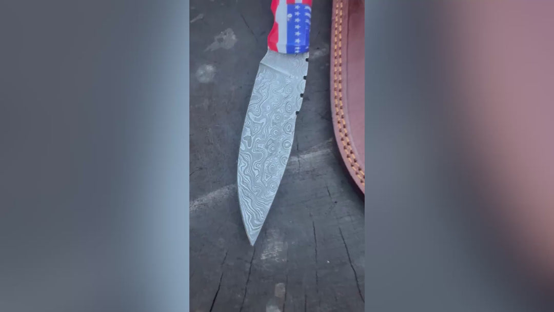 Handcrafted Damascus Steel Utility Knife with American Flag Handle | Leather Sheath | JW SteelCrafts