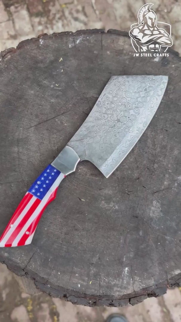 Damascus Steel Cleaver Knife with USA Flag Resin Handle | Handmade Kitchen Utility Knife