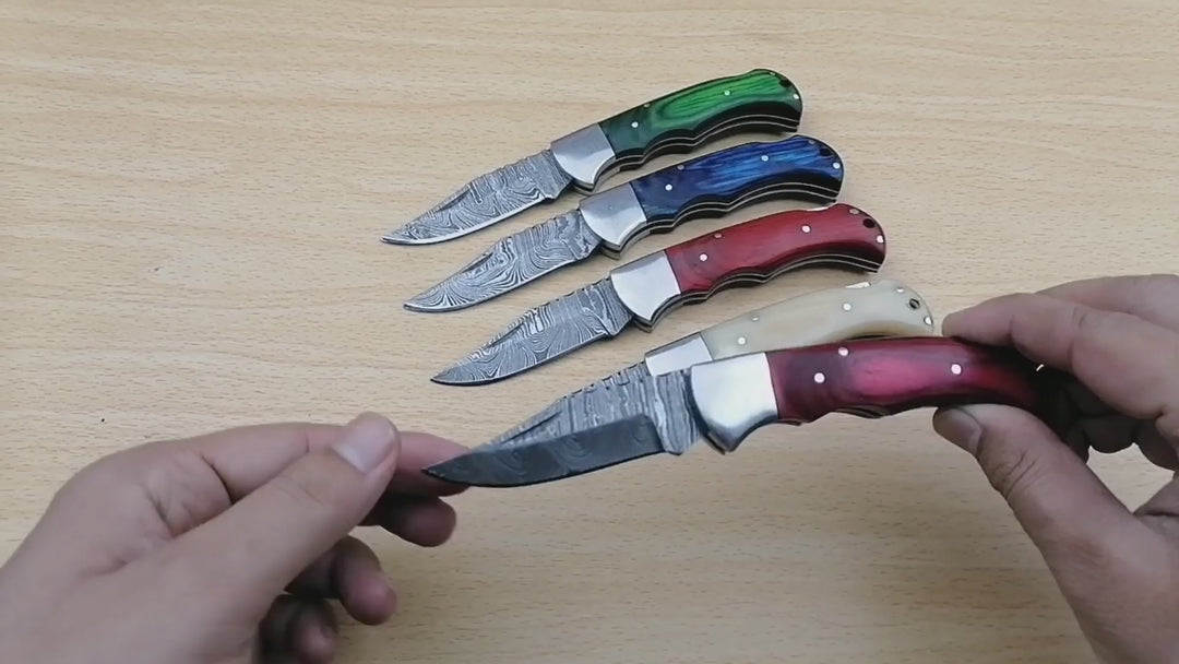 Handmade Damascus Steel Folding Knife – Camel Bone Handle (5 Handle Options)