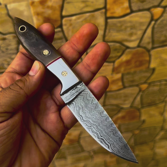 Custom Damascus steel skinner hunting knife with polished bull horn handle, brass pins, and leather sheath.