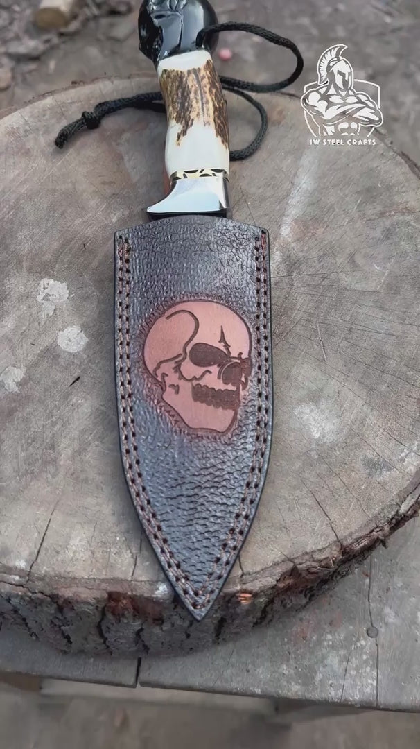 Handmade Damascus Hunting Knife with Stag Antler Handle &amp; Custom Leather Sheath