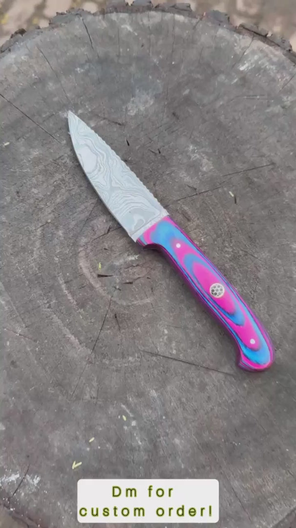 Damascus Steel Fixed Blade Knife – Pink &amp; Blue Pakka Wood Handle | JW SteelCrafts