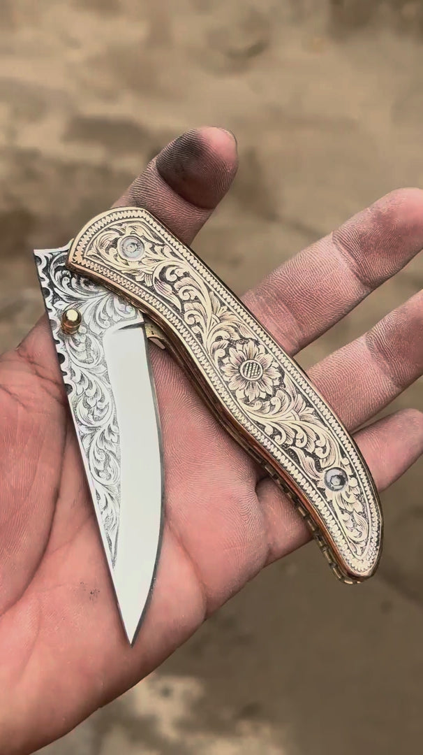 Handmade Engraved Brass Handle Folding Knife for EDC