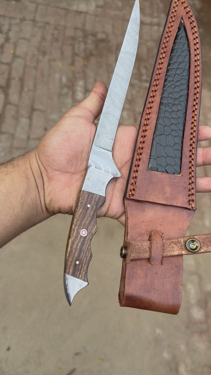 Handmade 13 Inch Overall Damascus Steel Fillet Knife –  Full Tang Fishing Knife with Hardwood Handle and Leather Sheath.
