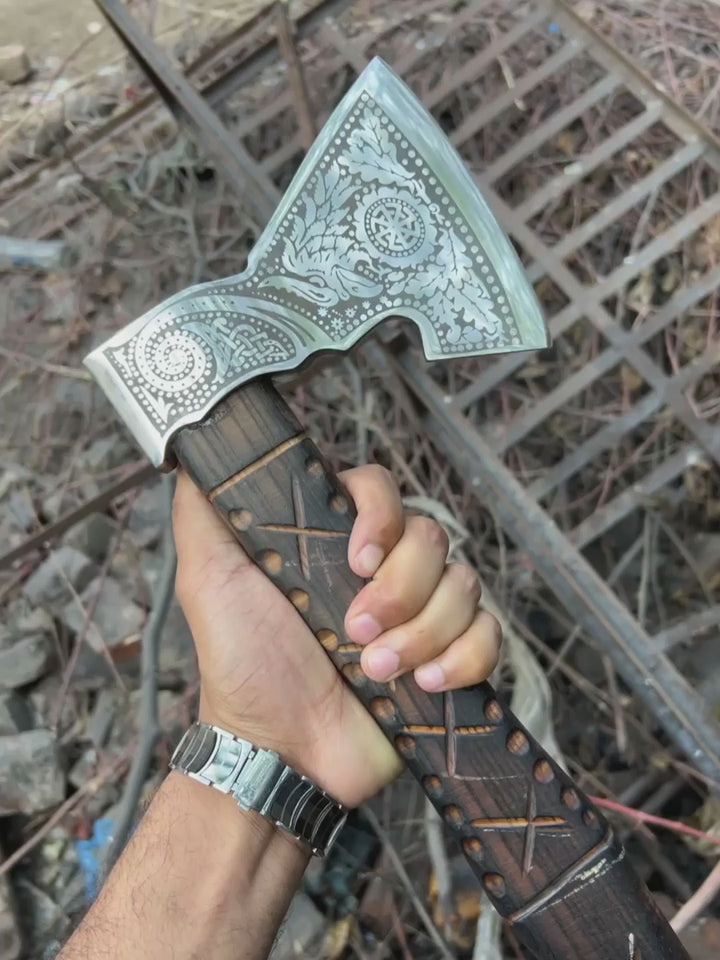 Norse Viking Axe Set with Engraved Steel Heads and Carved Hardwood Handles