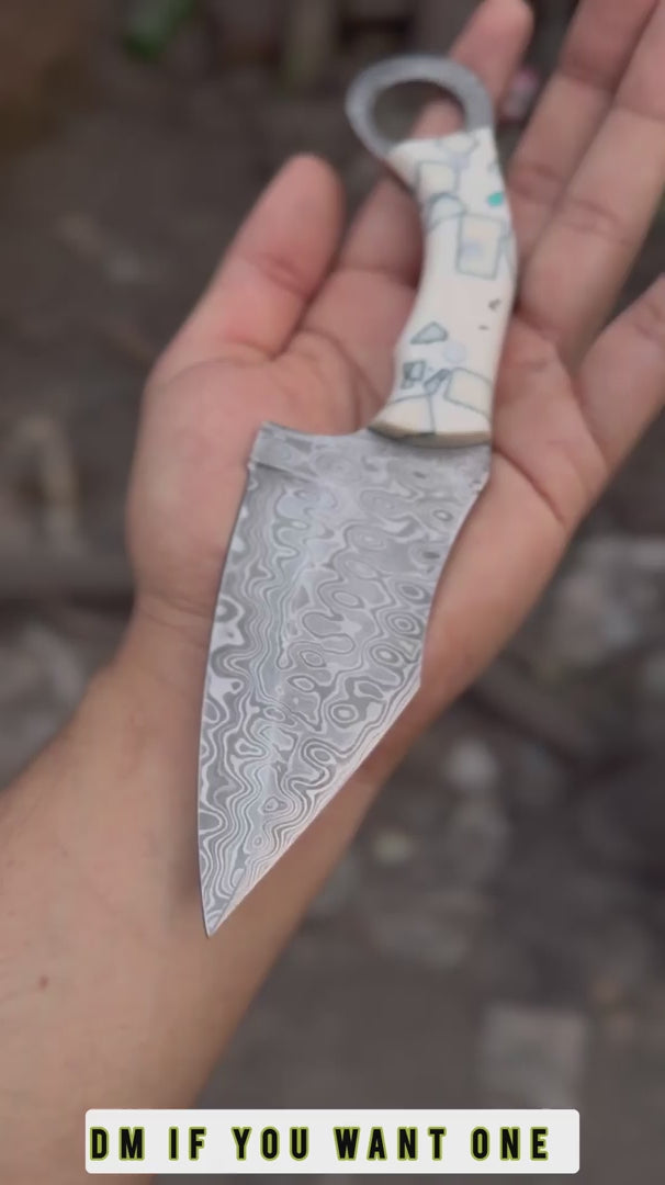 Handcrafted Damascus Steel Ring Handle Outdoor Utility Knife – Resin Grip – JW SteelCrafts