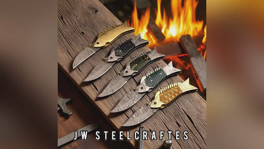 Fish-Style Damascus Folding Knife | 5 Color Variants | Hand-Engraved Collectible by JW SteelCrafts