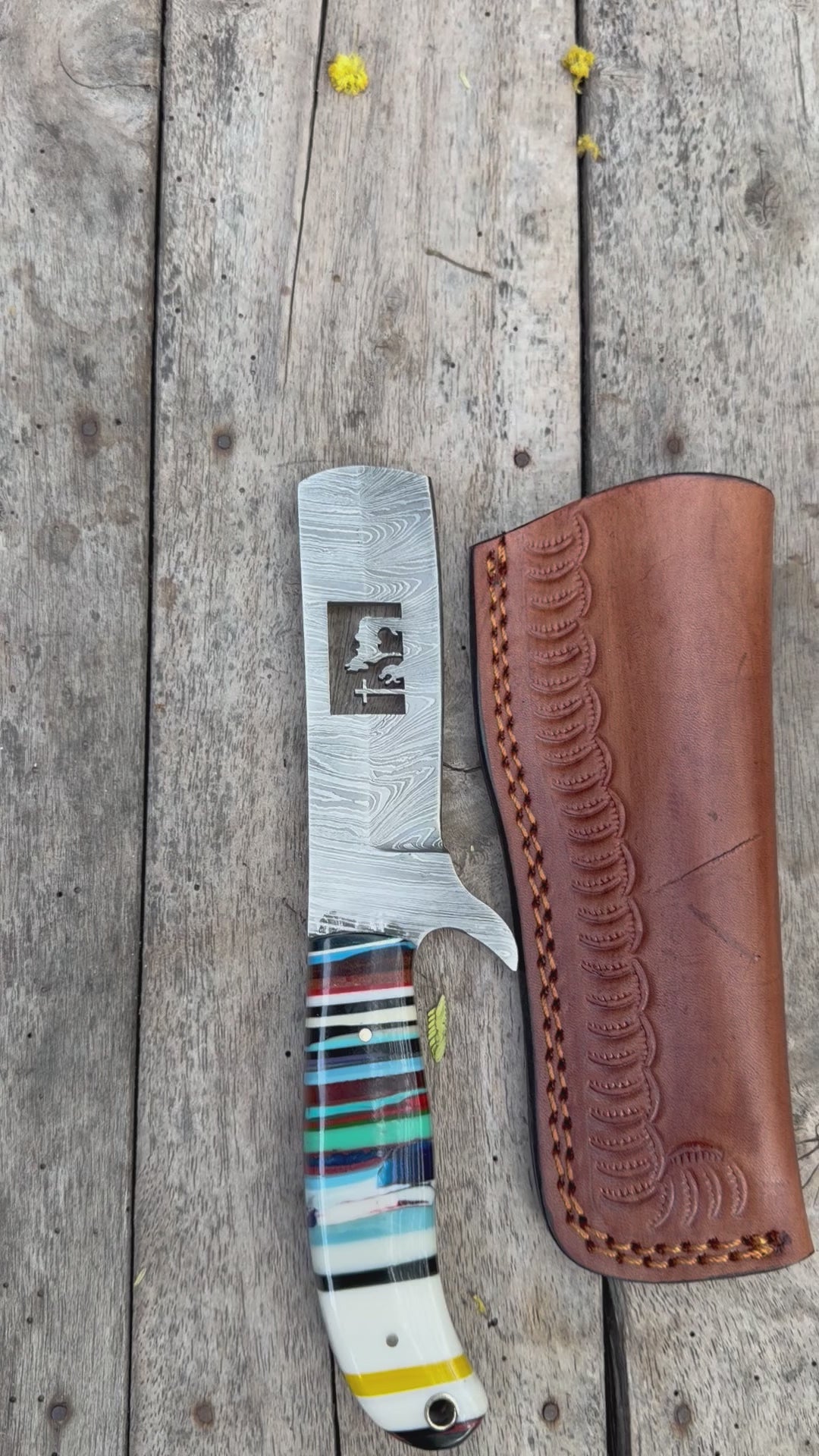 Damascus Bull Cutter Knife — Multi-Color Rainbow Resin Handle, Christian Cross Blade Engraving, Steel Bolster &amp; Lanyard Hole