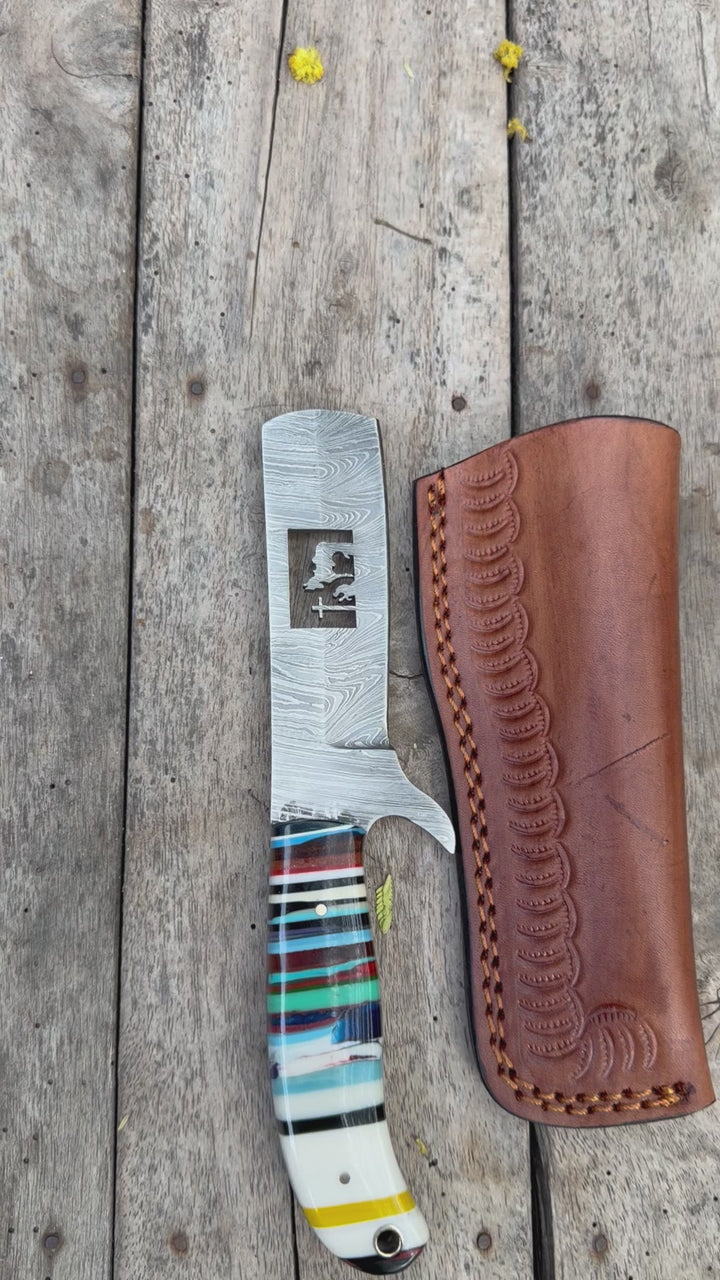 Damascus Bull Cutter Knife — Multi-Color Rainbow Resin Handle, Christian Cross Blade Engraving, Steel Bolster &amp; Lanyard Hole