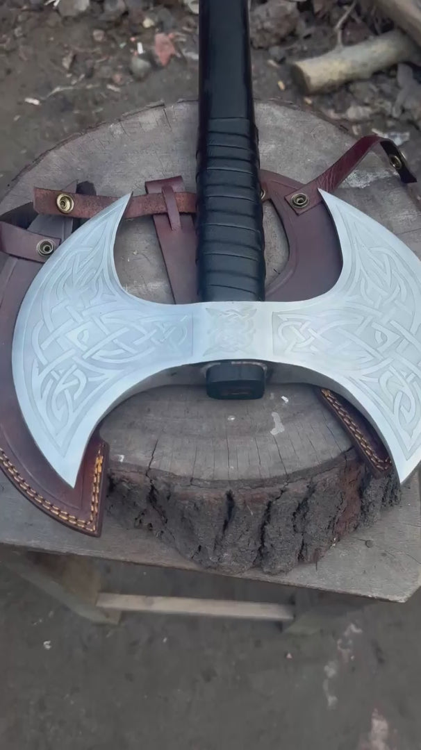 Hand Forged Double-Headed Viking Axe with Nordic Knotwork Engravings and Cord-Wrapped Handle