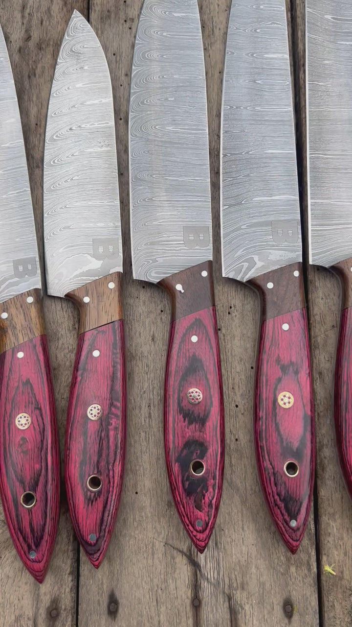 8 Piece Damascus Knife Set with Red Pakka Handles and  Leather Roll