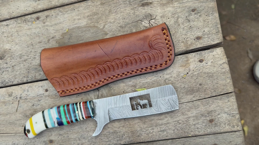 Damascus Bull Cutter Knife — Multi-Color Rainbow Resin Handle, Christian Cross Blade Engraving, Steel Bolster &amp; Lanyard Hole