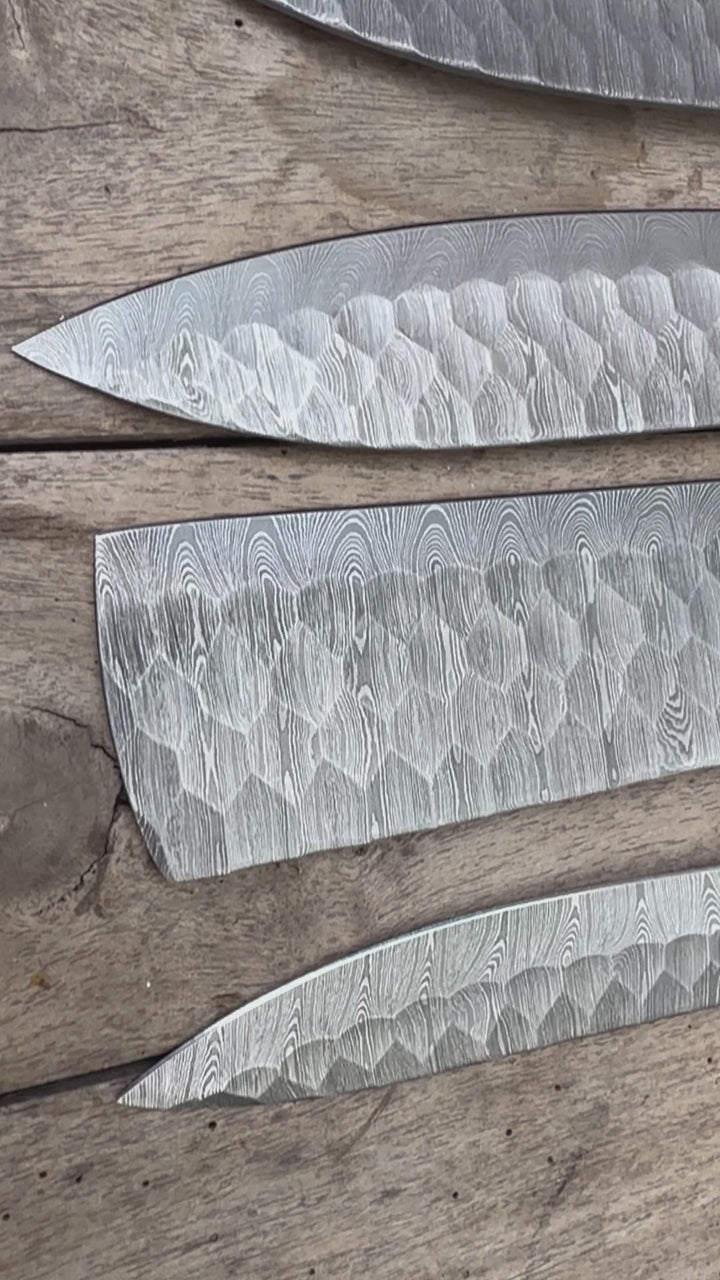 Hand Forged Damascus Chef Knife Set, Natural Wood Handle, Full Tang Kitchen Knife Collection