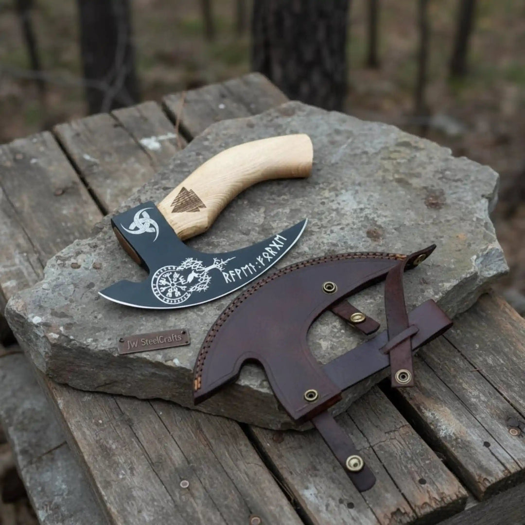 Product: Viking Style Engraved Bearded Axe – Oak Wood Handle handmade Pizza Cutter by JW SteelCrafts
