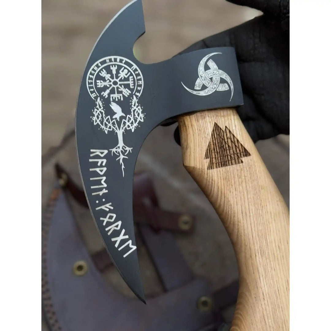 Product: Viking Style Engraved Bearded Axe – Oak Wood Handle handmade Pizza Cutter by JW SteelCrafts