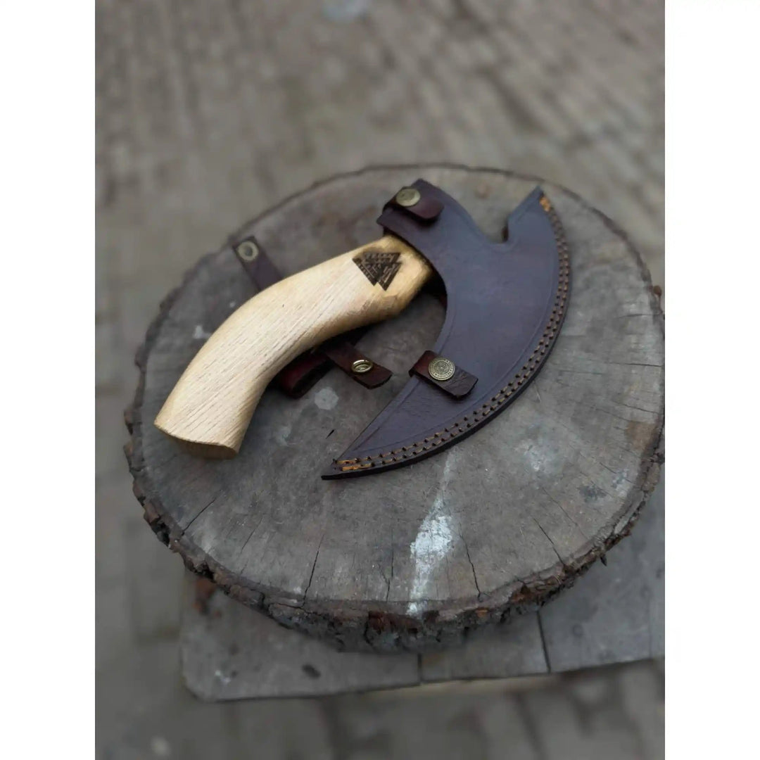 Product: Viking Style Engraved Bearded Axe – Oak Wood Handle handmade Pizza Cutter by JW SteelCrafts