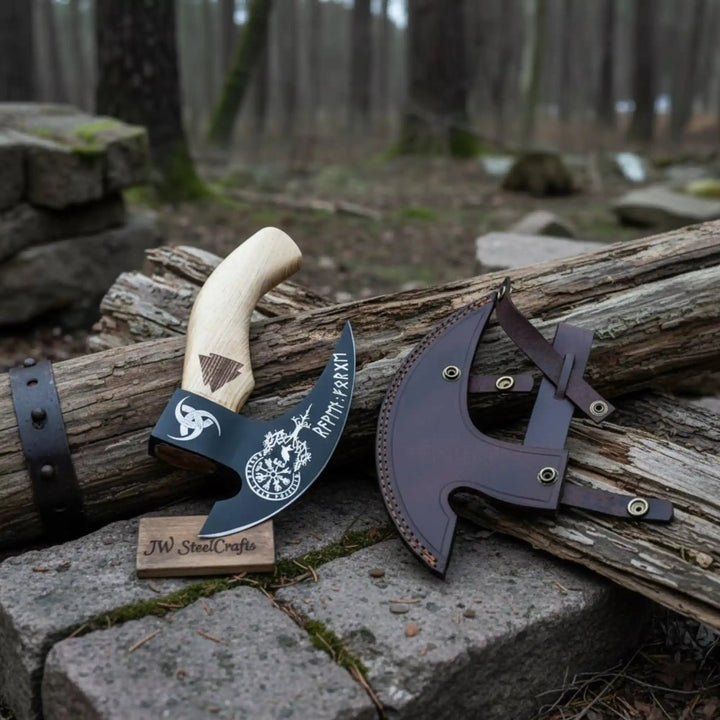 Product: Viking Style Engraved Bearded Axe – Oak Wood Handle handmade Pizza Cutter by JW SteelCrafts