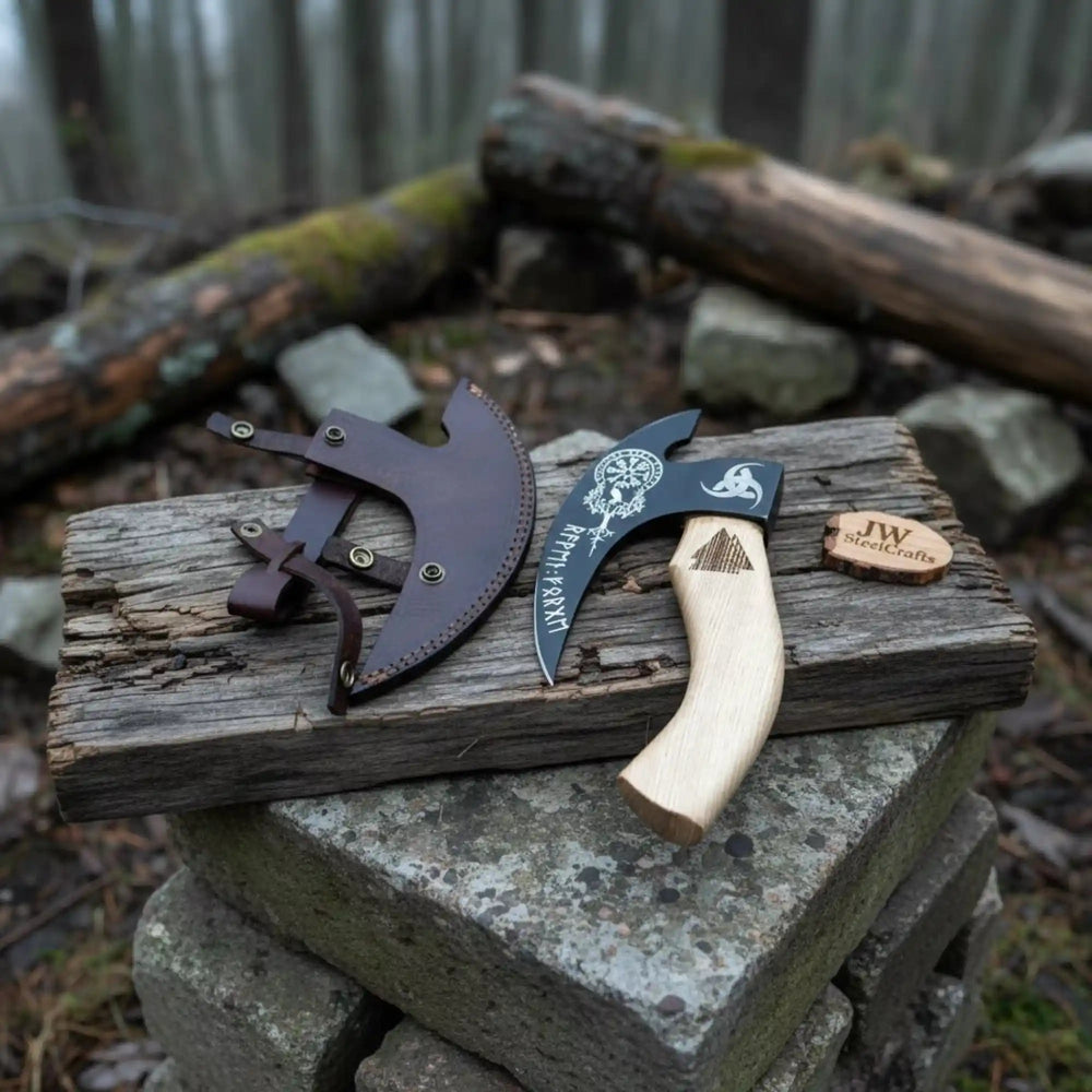 Product: Viking Style Engraved Bearded Axe – Oak Wood Handle handmade Pizza Cutter by JW SteelCrafts