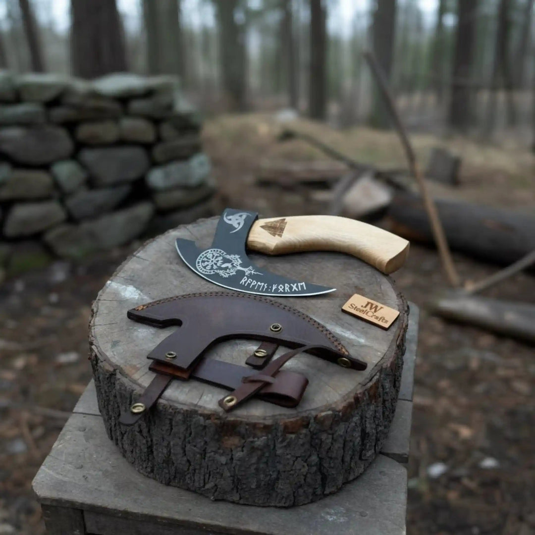 Product: Viking Style Engraved Bearded Axe – Oak Wood Handle handmade Pizza Cutter by JW SteelCrafts