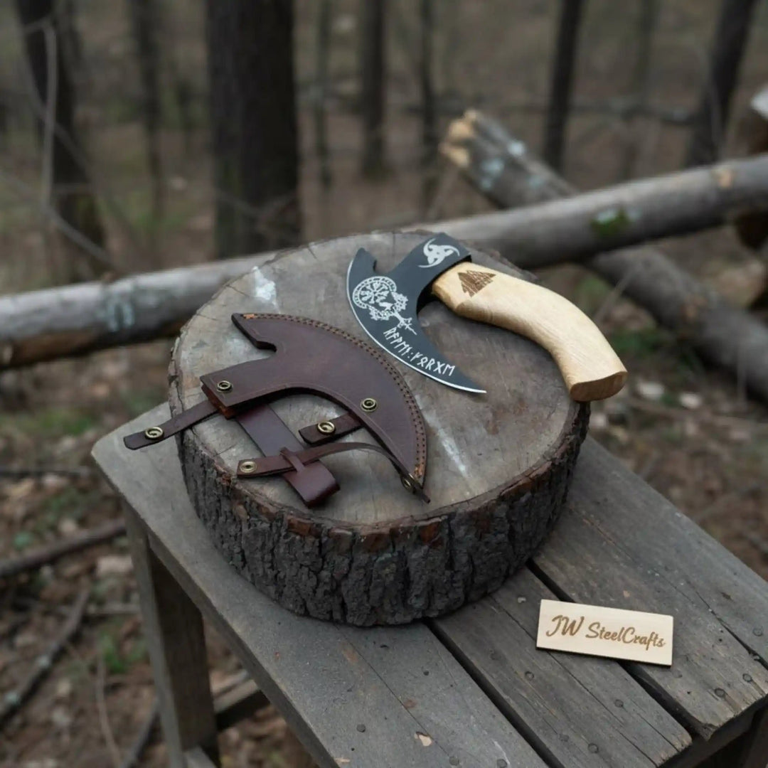 Product: Viking Style Engraved Bearded Axe – Oak Wood Handle handmade Pizza Cutter by JW SteelCrafts