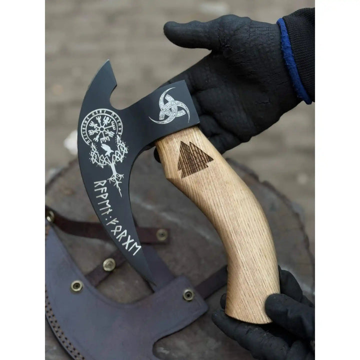 Product: Viking Style Engraved Bearded Axe – Oak Wood Handle handmade Pizza Cutter by JW SteelCrafts