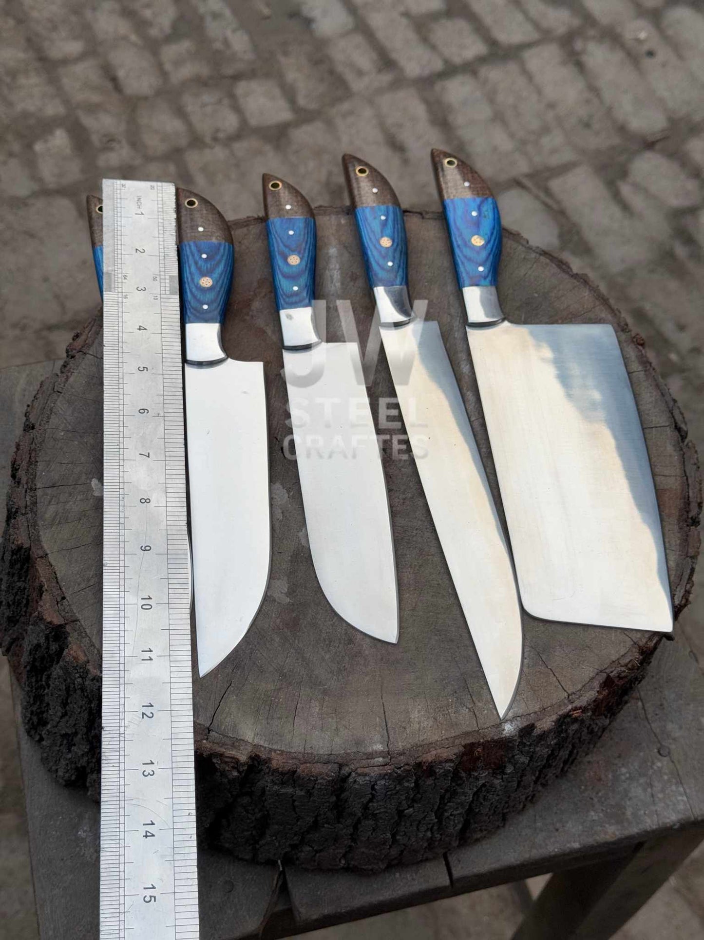 Handmade Damascus Kitchen Knife Set – 5 Piece Chef & Butcher Collection with Blue & Wood Handles