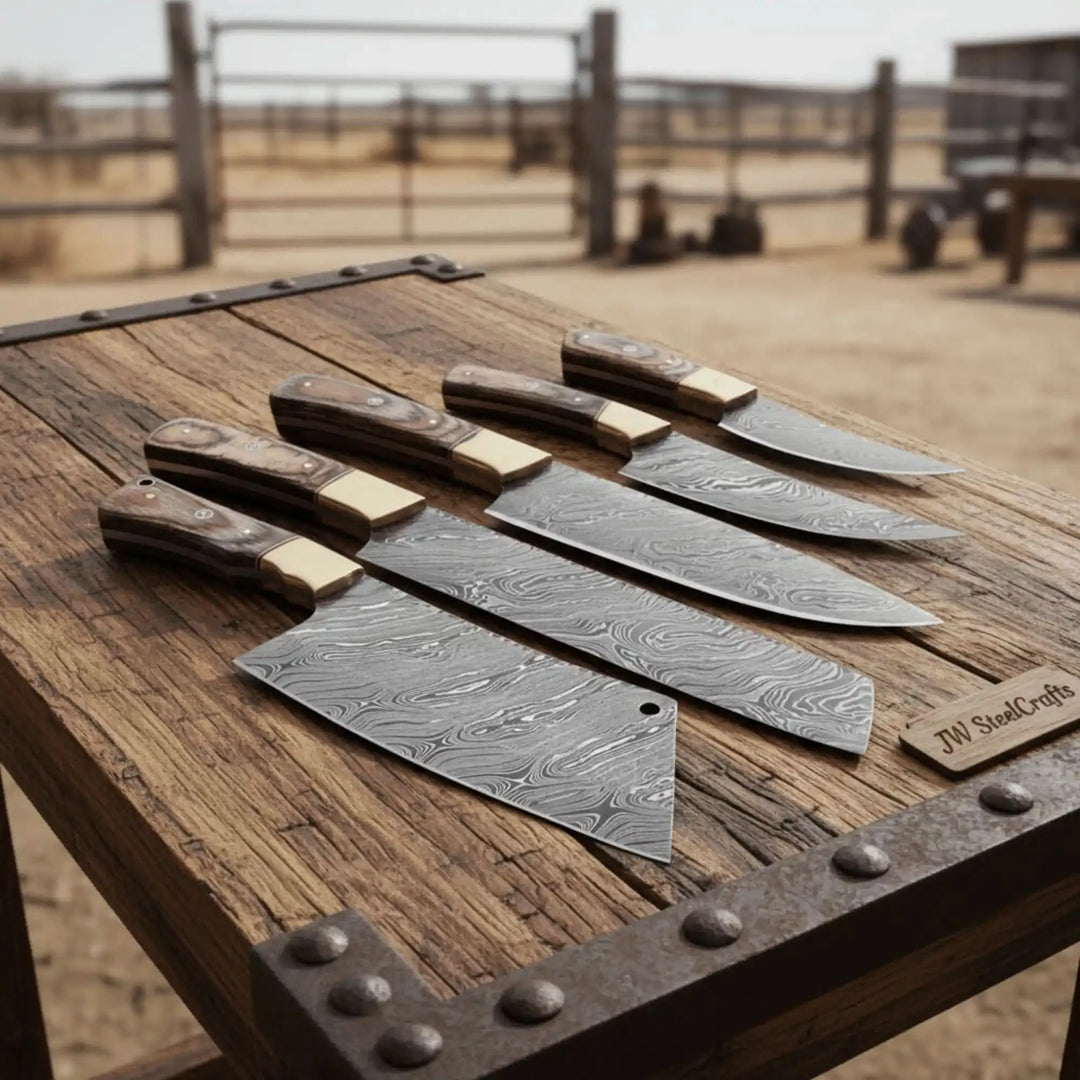 Artisan kitchen cutlery displayed on rugged timber workbench with industrial rivet detailing and outdoor countryside atmosphere.