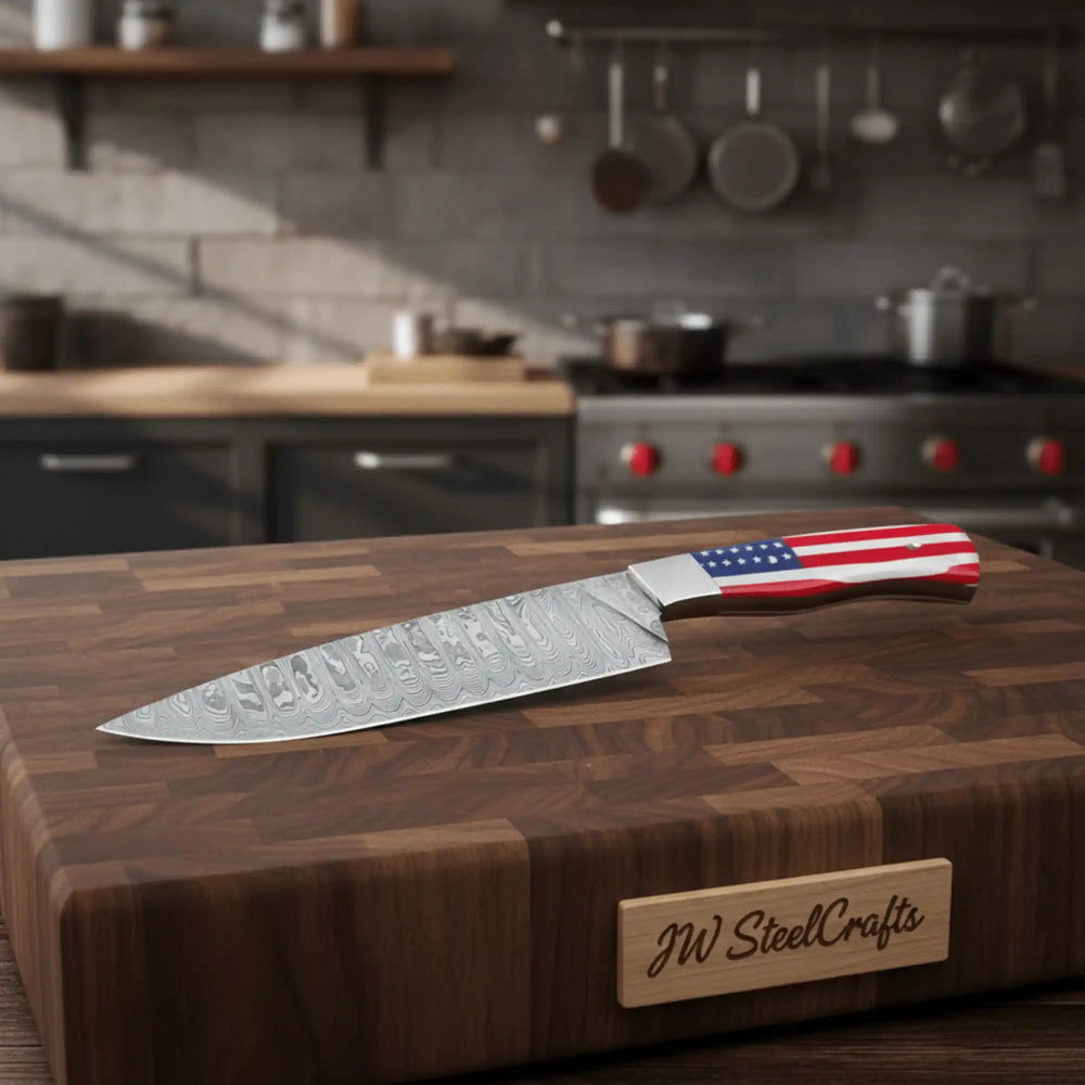 American flag handle chef knife with Damascus steel blade, silver bolster, and polished kitchen countertop presentation.