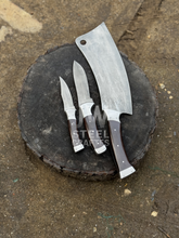 Load image into Gallery viewer, Handmade 3-Piece Knife Set – Cleaver &amp; Hunting Knives with Wooden Handle