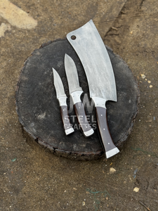 Handmade 3-Piece Knife Set – Cleaver & Hunting Knives with Wooden Handle