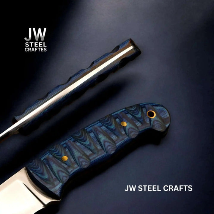 Rugged camping knife with blue handle and sheath, smooth polished blade, brass rivets, and dark blue fabric surface