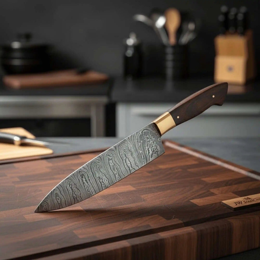 High-end chef knife with Damascus finish resting on a dark wood cutting board in kitchen light
