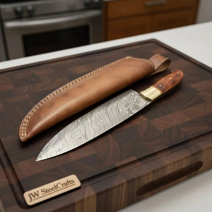Signature Damascus knife with leather cover, brass bolster, and wooden handle