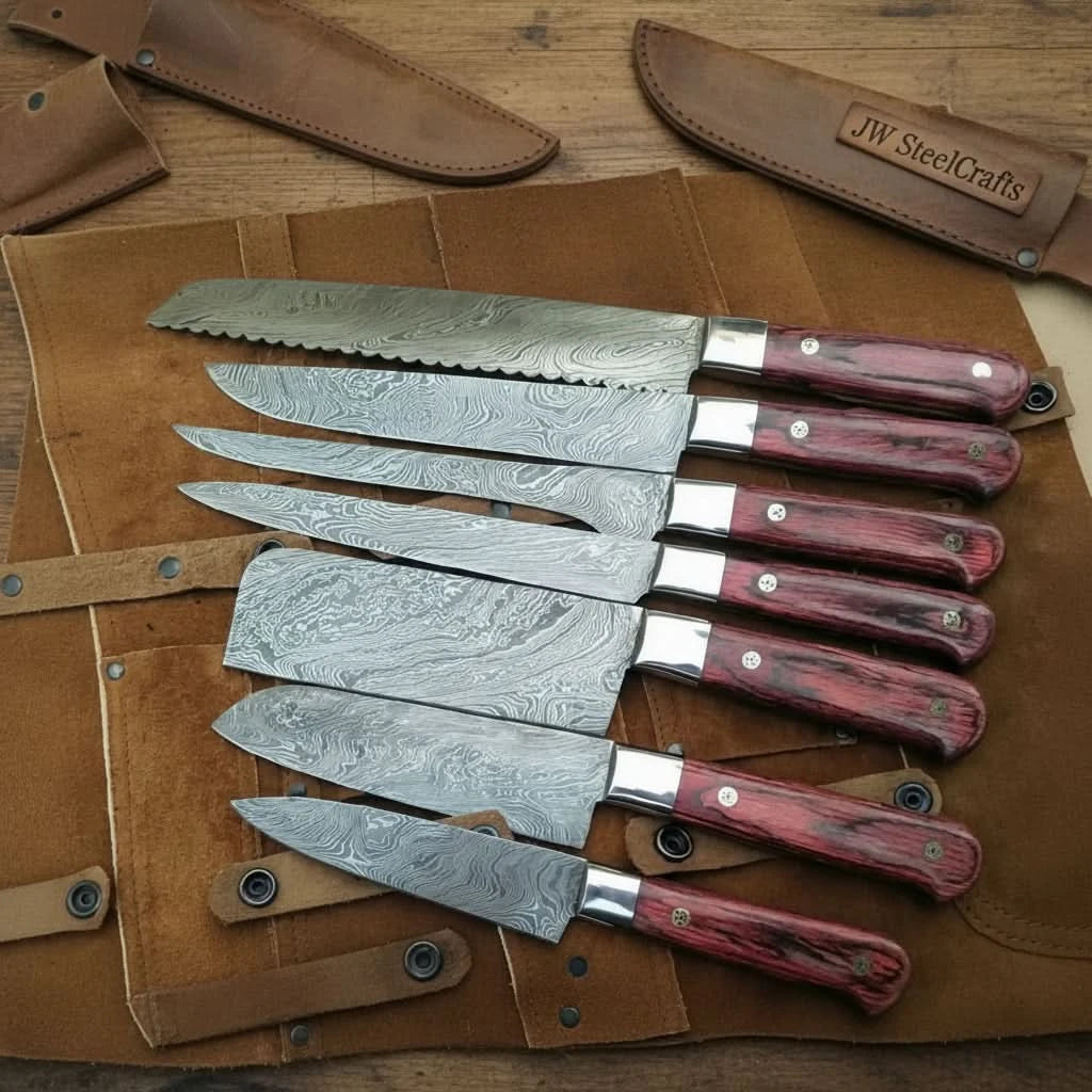 Luxury chef cutlery organizer showcasing chef knives, slicing blades, cleavers, and utility knives secured with leather straps.