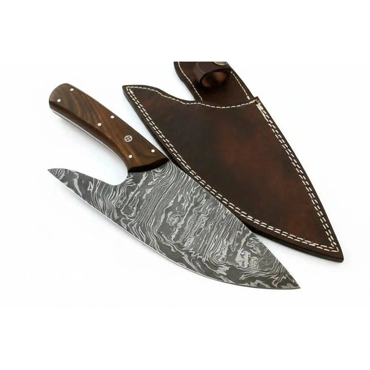Decorative Damascus knife with brown sheath and bold steel pattern on the blade