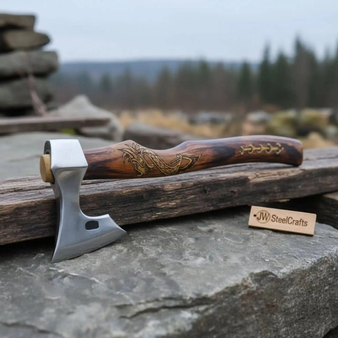 Quickfang-inspired Viking handmade axe featuring engraved dragon patterns and polished steel craftsmanship.