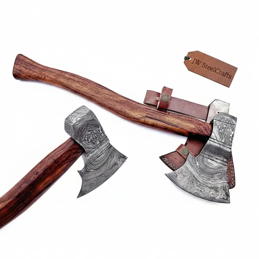     Ranger-themed Viking woodland hatchet with handcrafted Damascus steel and smooth curved wooden handle.