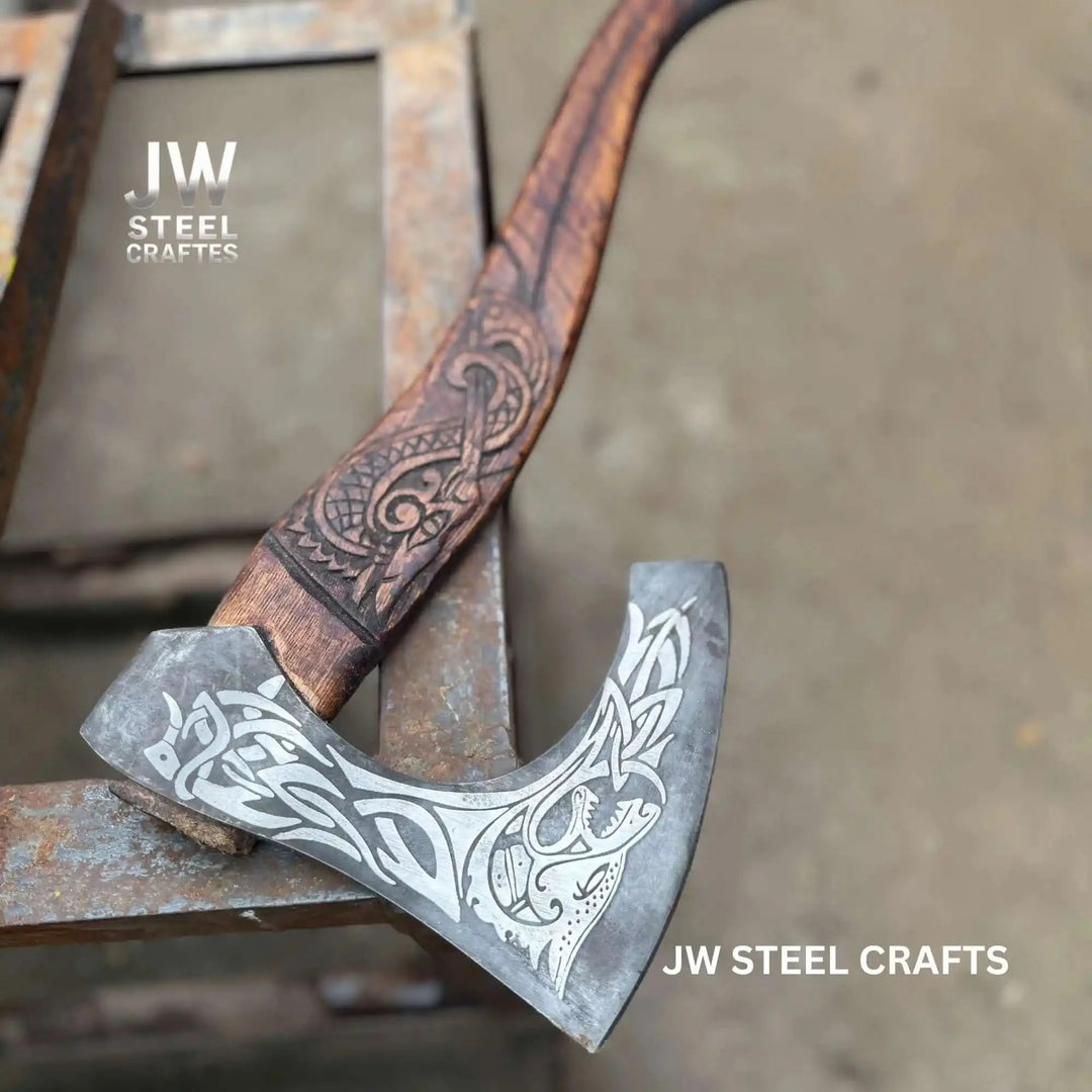 Northspire-themed Norse raven hatchet with intricate blade engravings and decorative carved wooden handle.