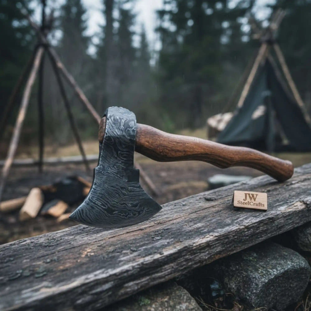 Stormvale-themed Viking battle hatchet displaying layered steel blade artwork and handcrafted curved handle.