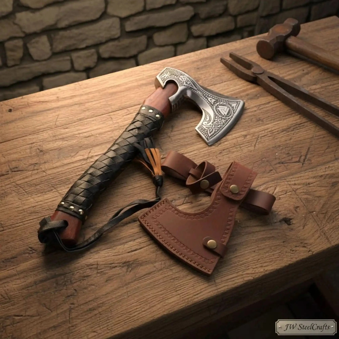Viking rune engraved bearded hatchet with leather wrapped handle full view