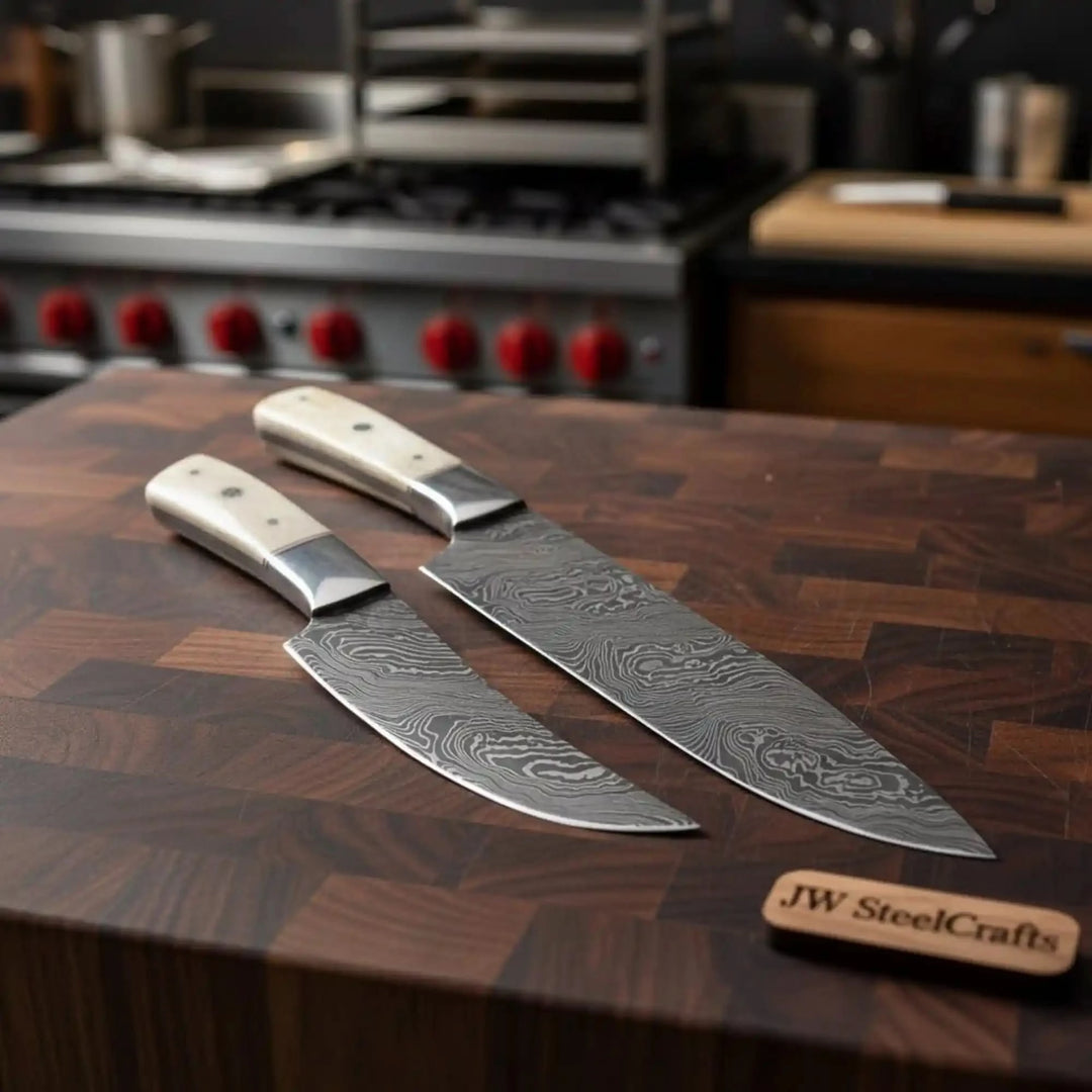 Stormgrain Damascus knife sheath display featuring black handles and detailed steel waves