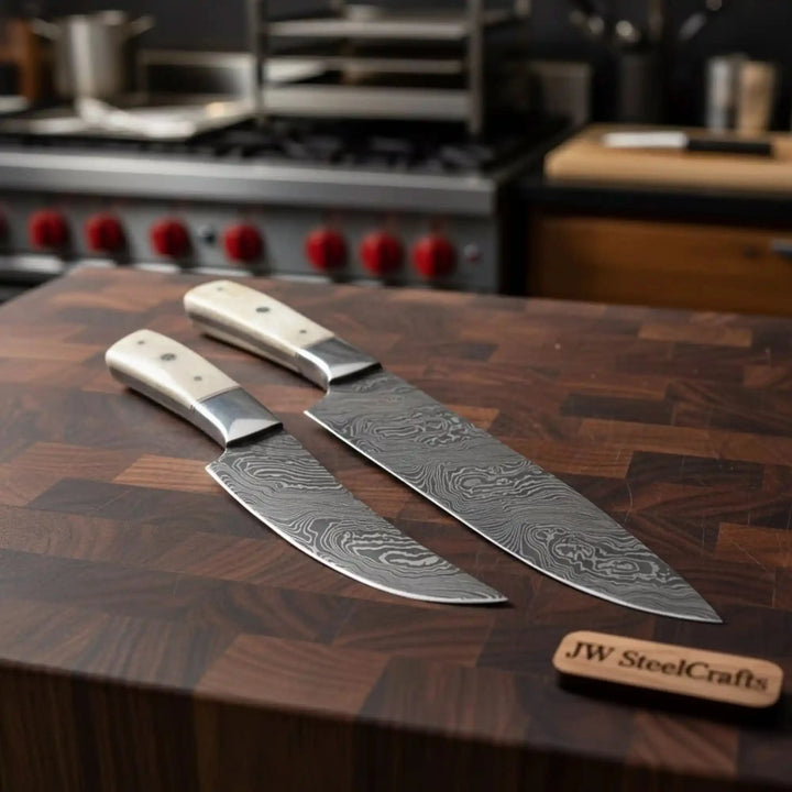 Stormgrain Damascus knife sheath display featuring black handles and detailed steel waves
