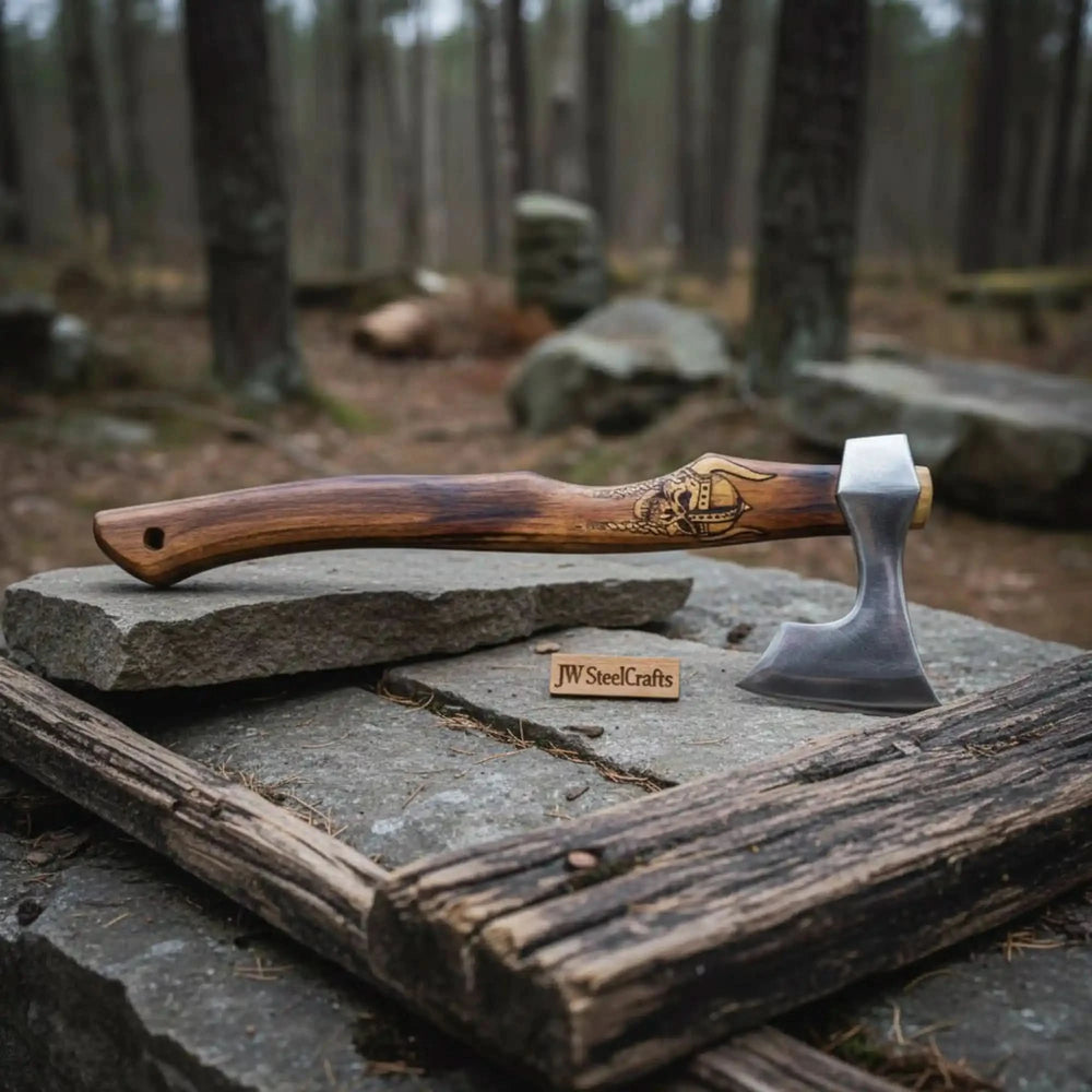 Stoneveil-inspired Viking rustic hatchet with artistic Nordic carvings and handcrafted compact axe design.