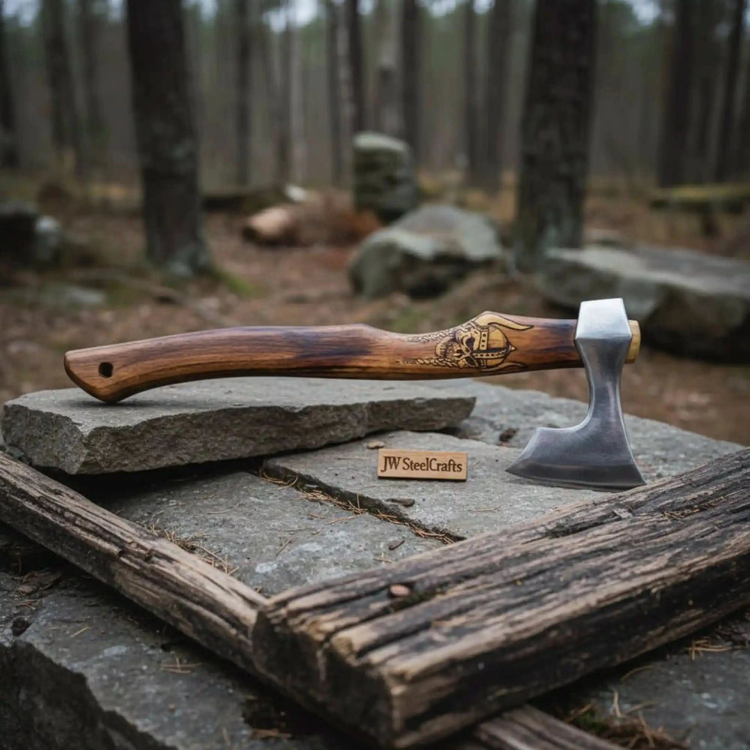 Stoneveil-inspired Viking rustic hatchet with artistic Nordic carvings and handcrafted compact axe design.