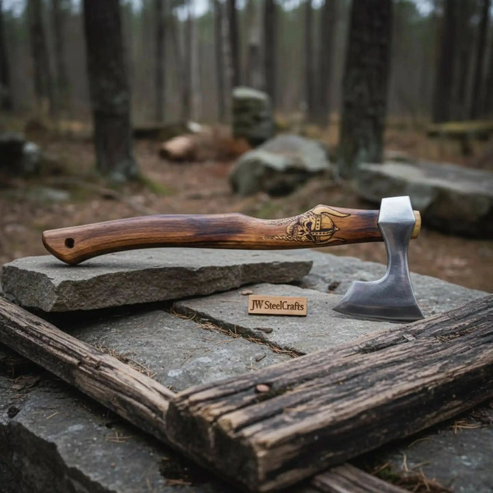 Stoneveil-inspired Viking rustic hatchet with artistic Nordic carvings and handcrafted compact axe design.