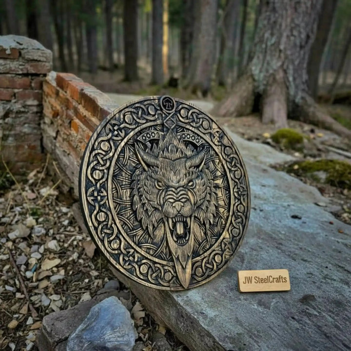 Northguard-themed Norse wooden shield with decorative wolf engraving and circular Nordic knotwork design.