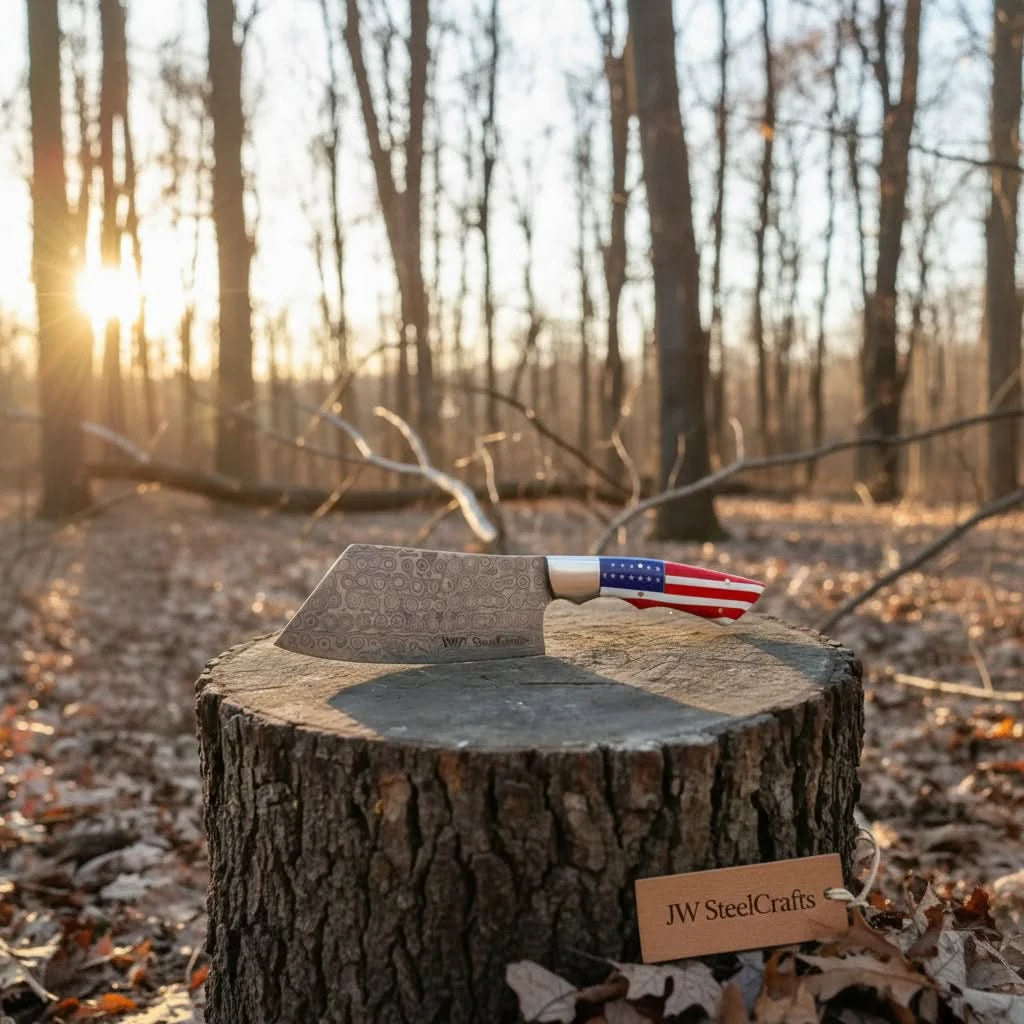 American themed Damascus chopper with red white blue handle arranged on dark stump