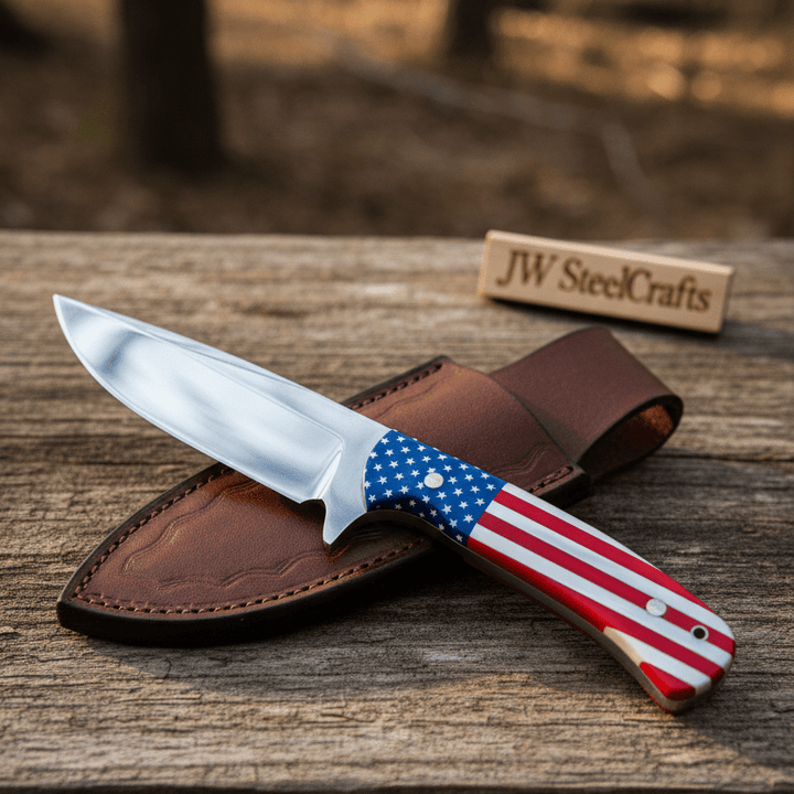 Custom outdoor knife with American flag grip, polished steel blade, brown leather cover, and woodland display.