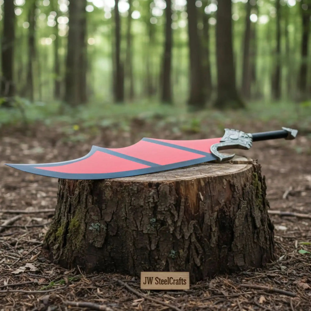 Wide-blade fantasy sword in red and black with an anime-inspired wing design and engraved metal crossguard, resting on a mossy outdoor tree stump.