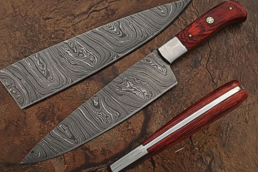 Damascus steel chef knife set with matching blade guard and red wood handle displayed on a rustic stone surface.